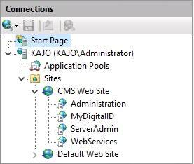 Windows Internet Information Services console Connections window with CMS Web Site deployed in the Sites subsection